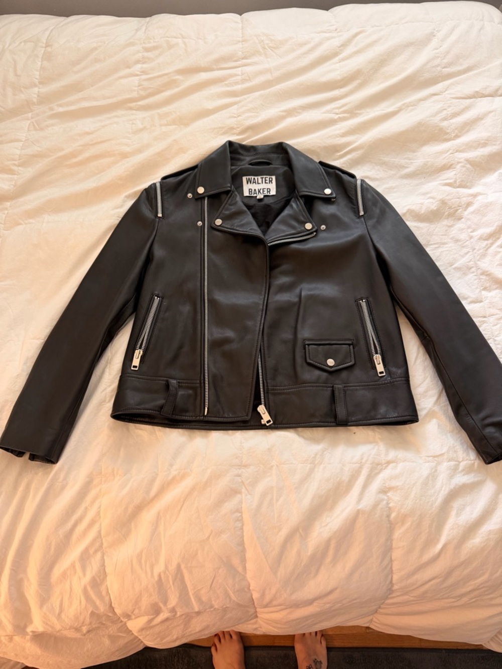 Walter Baker Black Leather Biker Jacket with Silver Hardware